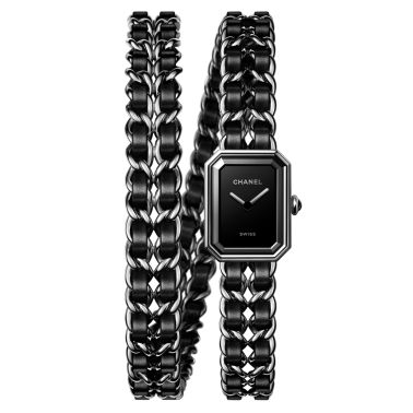 Montre CHANEL Première Edition Chaîne iconique Double Tour cadran laqué noir bracelet acier et cuir noir 19,7 mm