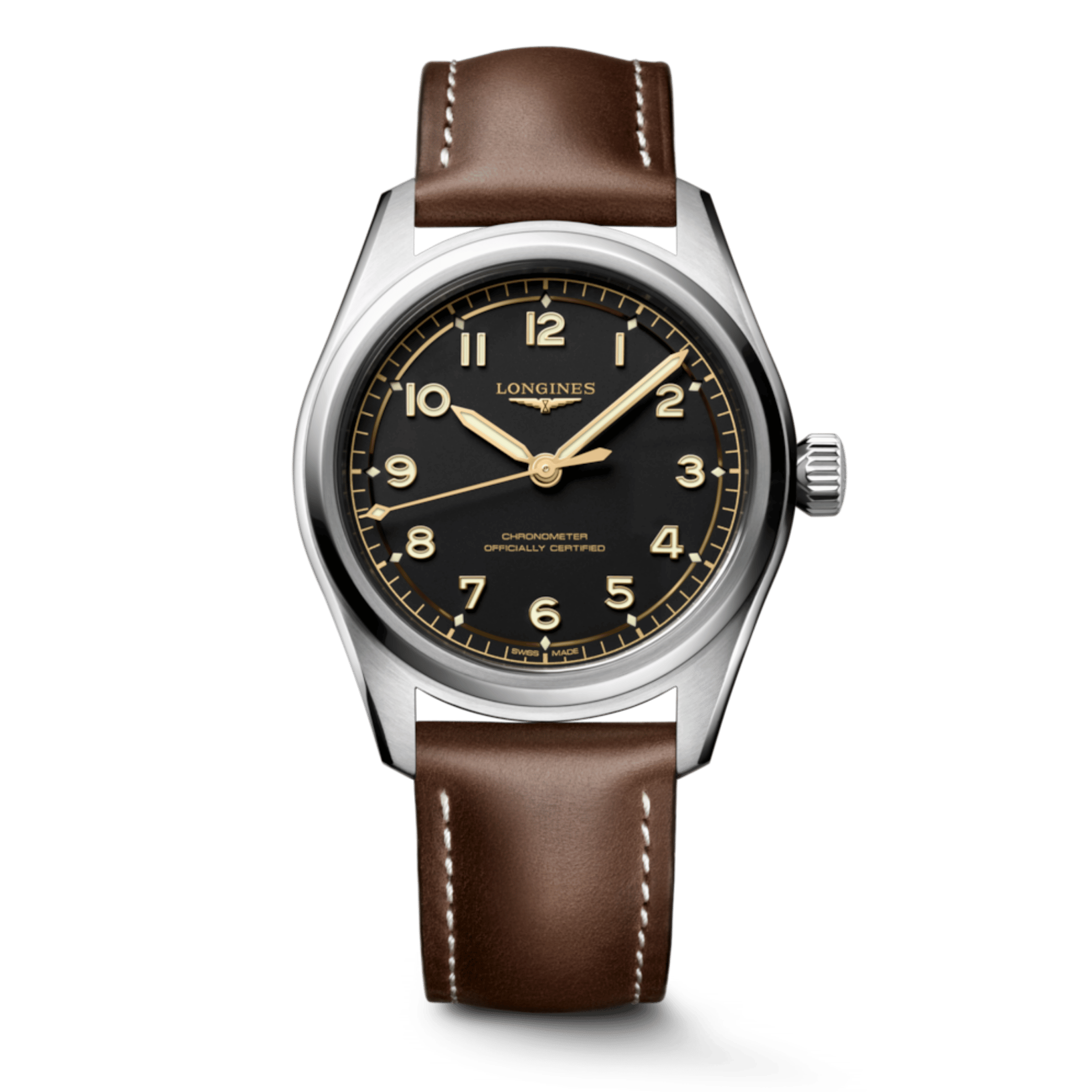 Longines Spirit Pilot COSC automatic black dial leather strap 39 mm