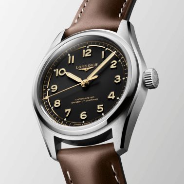 Longines Spirit Pilot COSC automatic black dial leather strap 39 mm