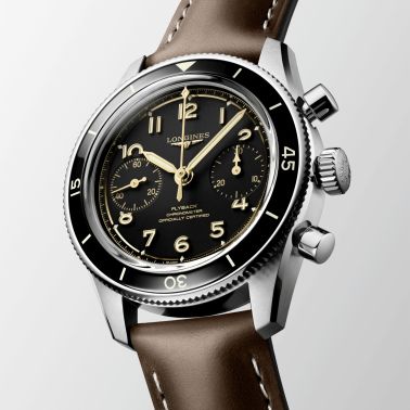 Montre Longines Spirit Pilot Flyback Chronographe mécanique manuel COSC cadran noir bracelet cuir brun 39,5 mm
