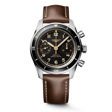 Montre Longines Spirit Pilot Flyback Chronographe mécanique manuel COSC cadran noir bracelet cuir brun 39,5 mm