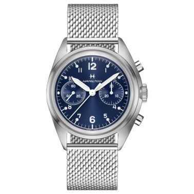 Montre Hamilton Khaki Pilot Pioneer mécanique chrono cadran bleu bracelet acier 40 mm