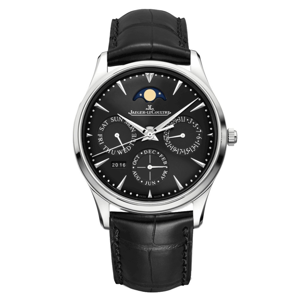 Montre Jaeger-LeCoultre Master Ultra Thin Perpetual automatique cadran noir bracelet cuir d'alligator noir 39 mm