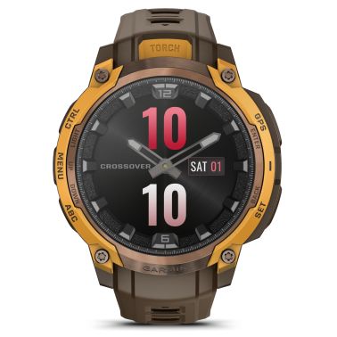 Garmin Instinct Crossover AMOLED watch with bronze and orange strap, 47 mm