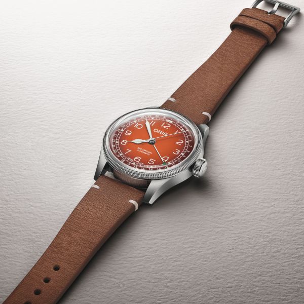 Oris X Cervo Volante Big Crown Pointer Date Automatic Watch with Orange Dial and Leather Strap, 40 mm