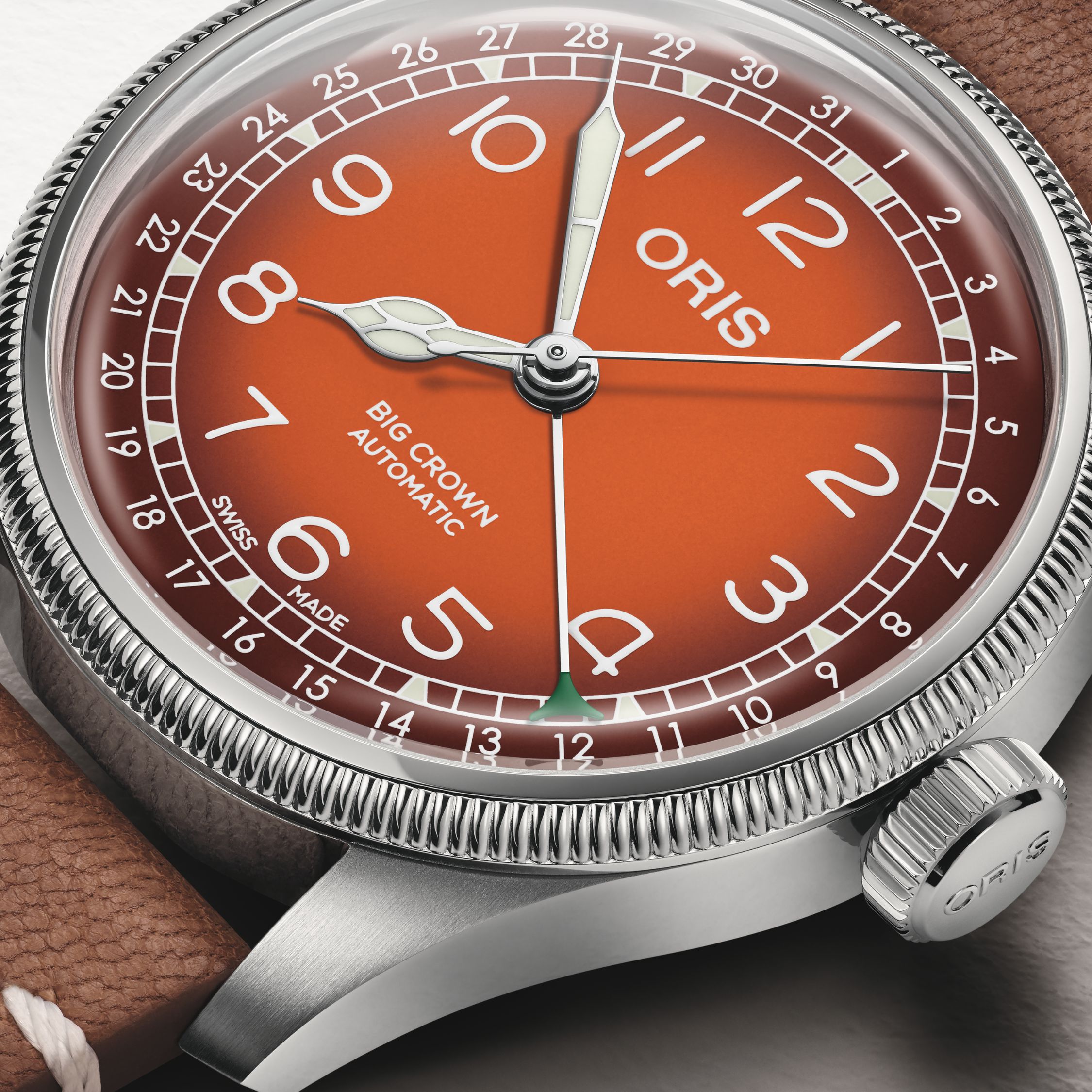 Oris X Cervo Volante Big Crown Pointer Date Automatic Watch with Orange Dial and Leather Strap, 40 mm
