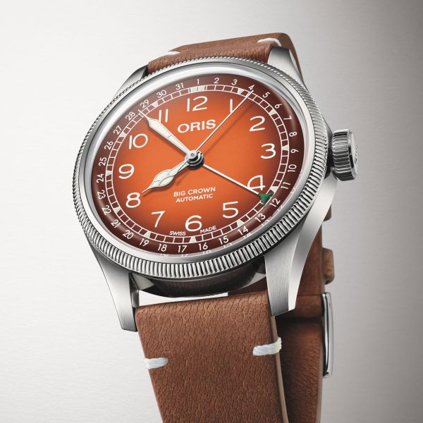 Oris X Cervo Volante Big Crown Pointer Date Automatic Watch with Orange Dial and Leather Strap, 40 mm