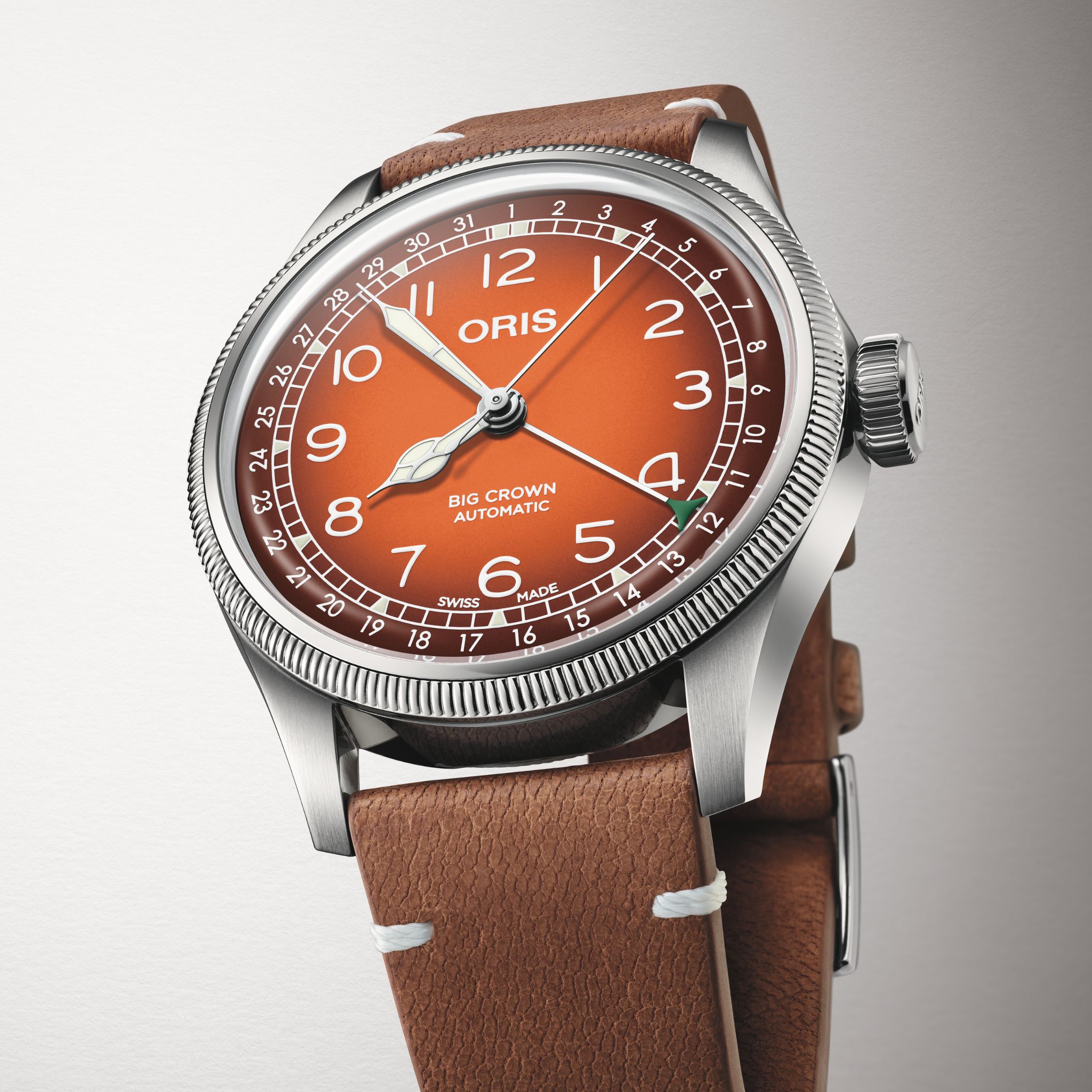 Oris X Cervo Volante Big Crown Pointer Date Automatic Watch with Orange Dial and Leather Strap, 40 mm
