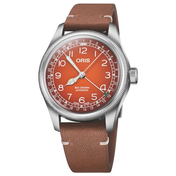 Oris X Cervo Volante Big Crown Pointer Date Automatic Watch with Orange Dial and Leather Strap, 40 mm