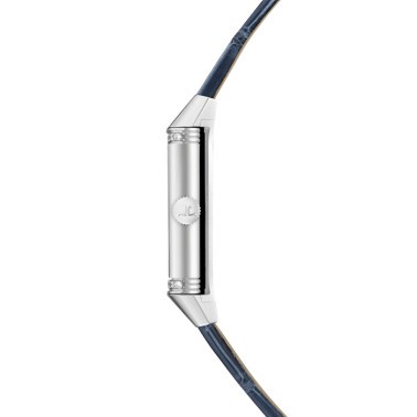 Montre Jaeger-LeCoultre Reverso One quartz cadran argent lunette sertie bracelet cuir bleu