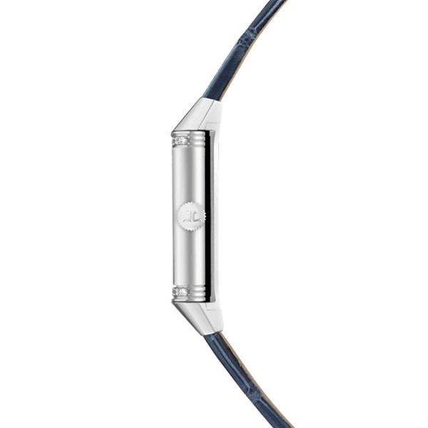 Montre Jaeger-LeCoultre Reverso One quartz cadran argent lunette sertie bracelet cuir bleu