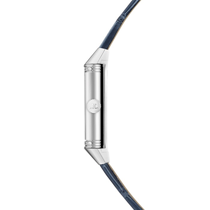 Montre Jaeger-LeCoultre Reverso One quartz cadran argent lunette sertie bracelet cuir bleu