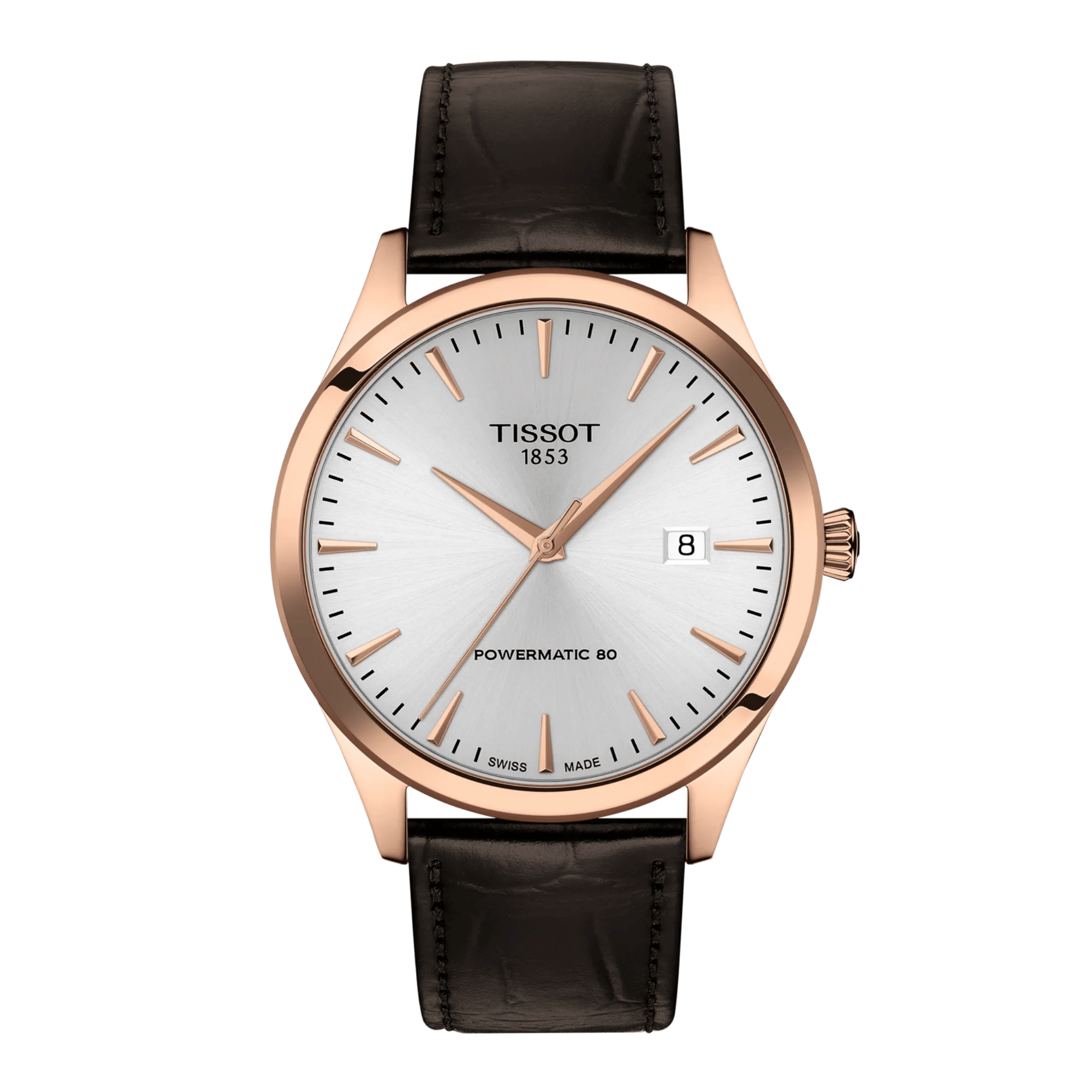 Montre Tissot Classic Dream Powermatic 80 PVD or rose automatique cadran argenté bracelet cuir 40 mm