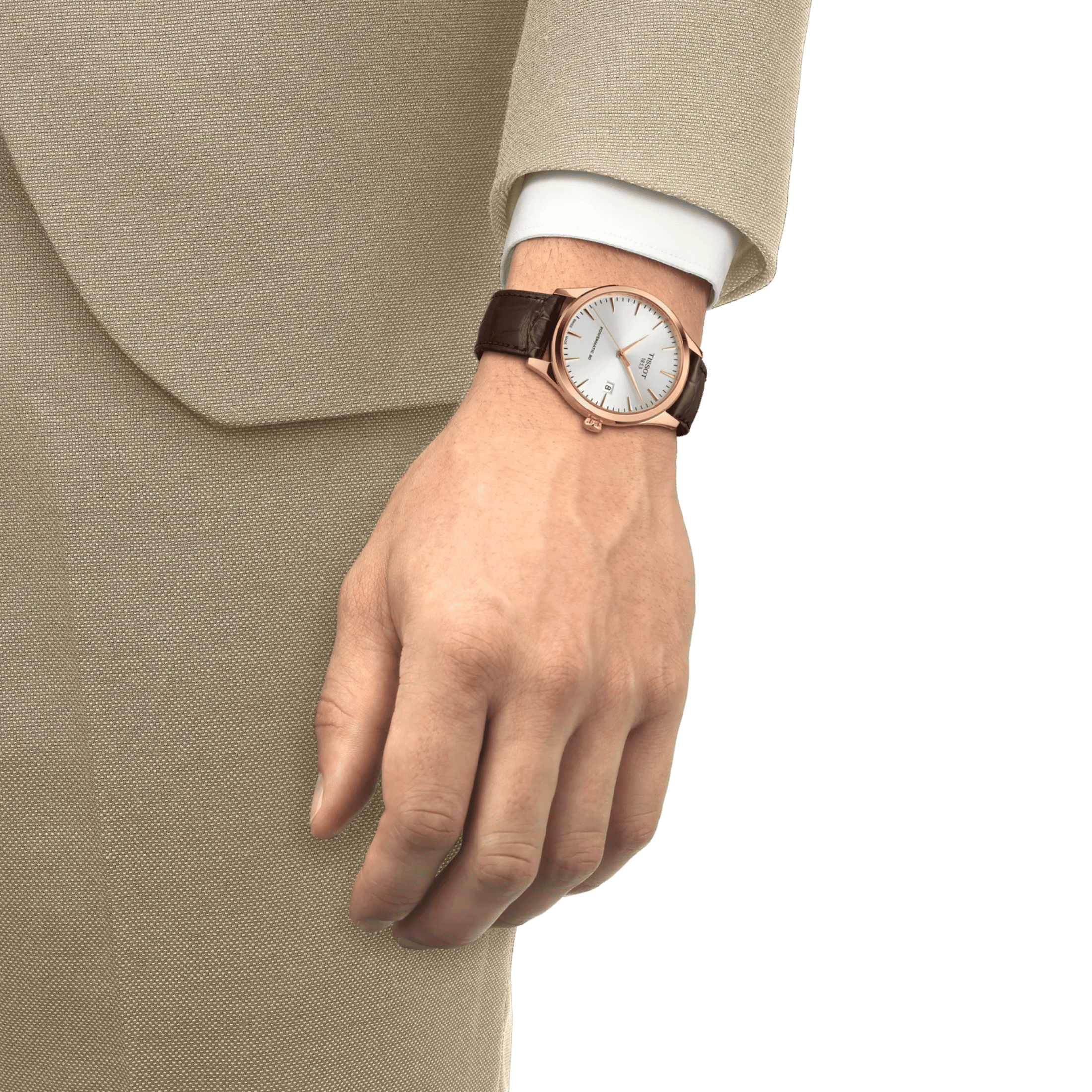 Montre Tissot Classic Dream Powermatic 80 PVD or rose automatique cadran argenté bracelet cuir 40 mm