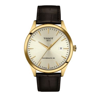 Montre Tissot Classic Dream Powermatic 80 PVD or jaune automatique cadran champagne bracelet cuir 40 mm