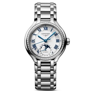 Longines PrimaLuna Moonphase watch, automatic movement, diamond-set bezel, steel bracelet, 34 mm