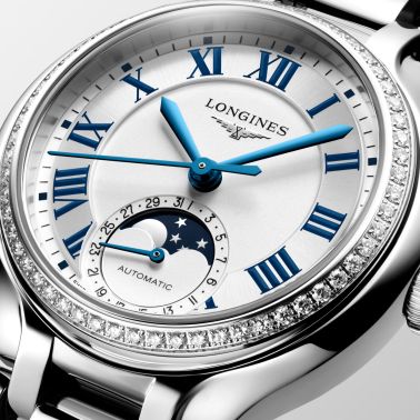 Montre Longines PrimaLuna Moonphase auto cadran lunettes sertie diamants bracelet acier 34 mm