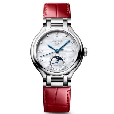 Longines PrimaLuna Moonphase automatic watch with white mother-of-pearl dial, diamond hour markers, and red leather strap, 34 mm