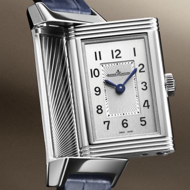 Montre Jaeger-LeCoultre Reverso Classic Monoface Origin quartz cadran gris argenté bracelet cuir bleu 32,5 x 16,3 mm