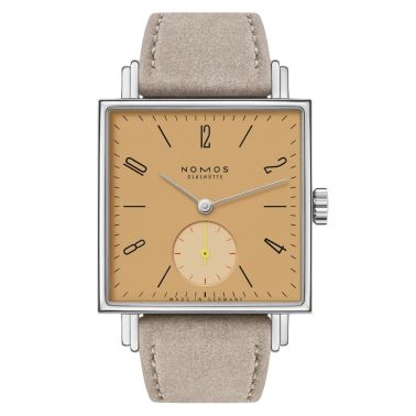 Montre Nomos Tetra Ochra mécanique fond verre saphir cadran jaune bracelet cuir velours beige 29,5 mm
