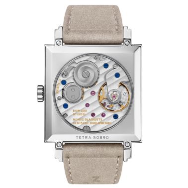 Montre Nomos Tetra Ochra mécanique fond verre saphir cadran jaune bracelet cuir velours beige 29,5 mm