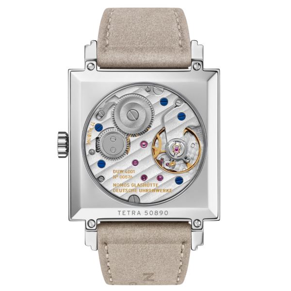 Montre Nomos Tetra Ochra mécanique fond verre saphir cadran jaune bracelet cuir velours beige 29,5 mm