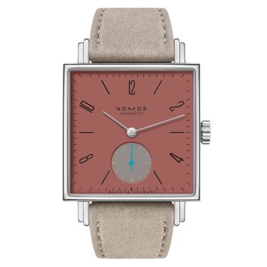 Montre Nomos Tetra Terra mécanique fond verre saphir cadran rouge bracelet velours beige 29,5 mm