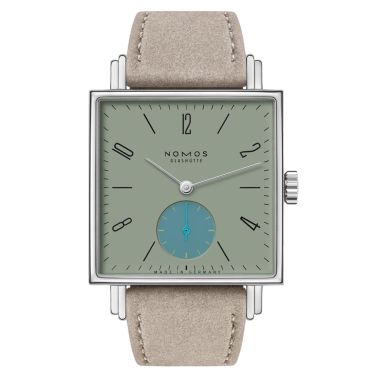 Montre Nomos Tetra Salvia mécanique fond verre saphir cadran vert bracelet velours beige 29,5 mm