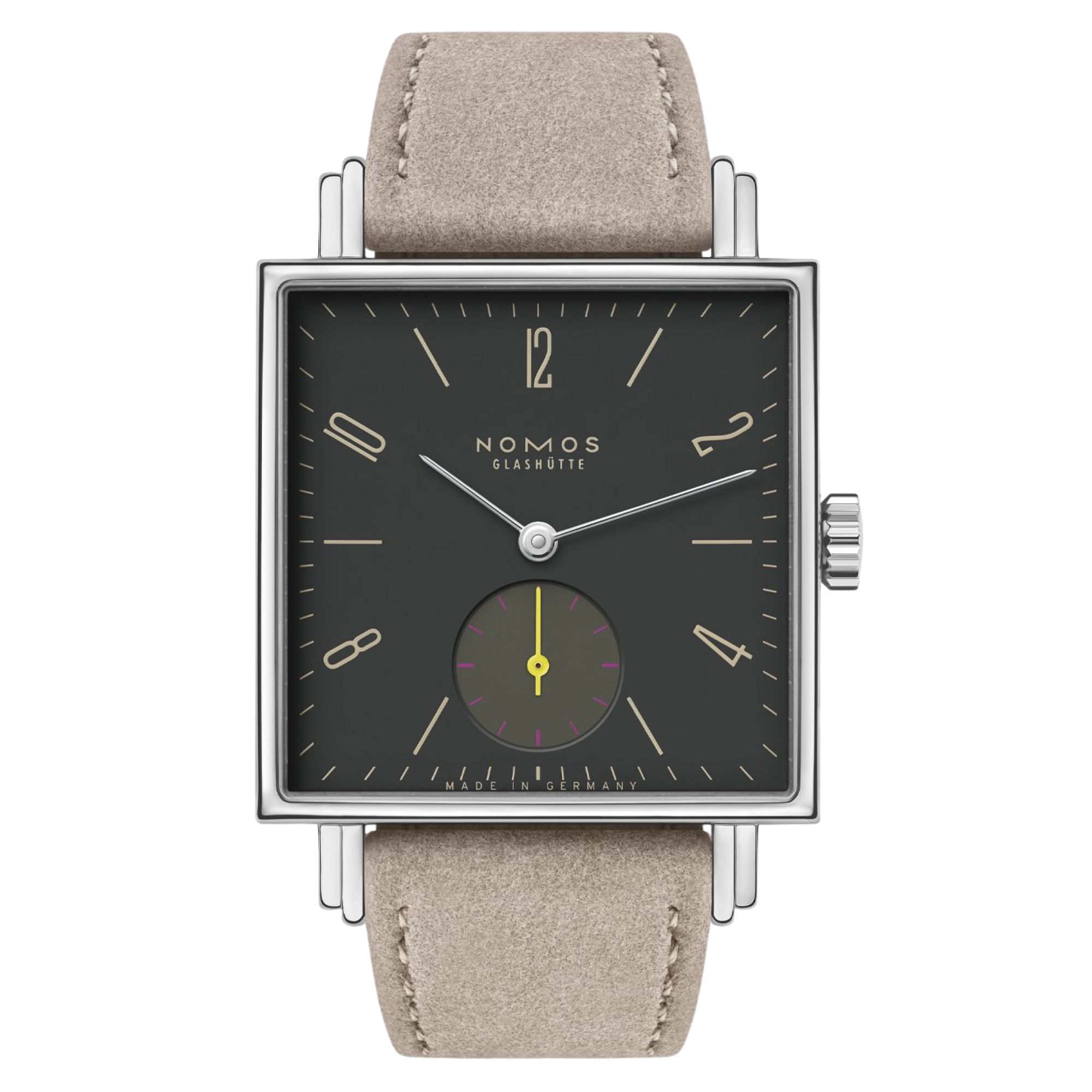 Montre Nomos Tetra Basalt mécanique fond verre saphir cadran noir bracelet velours beige 29,5 mm