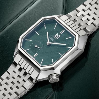 March LA.B Mansart Grall Petite Seconde automatic watch with green dial and 35 mm steel bracelet