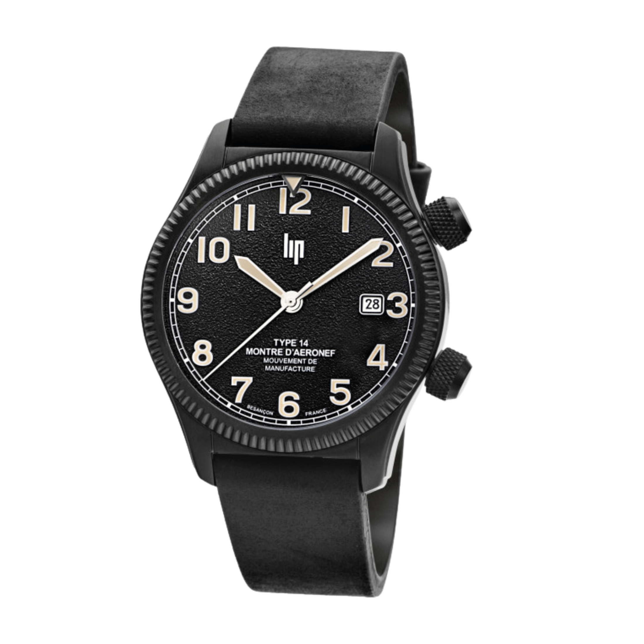 Montre LIP Type 14 Automatique Manufacture R26 PVD Noir cadran noir bracelet cuir 41 mm