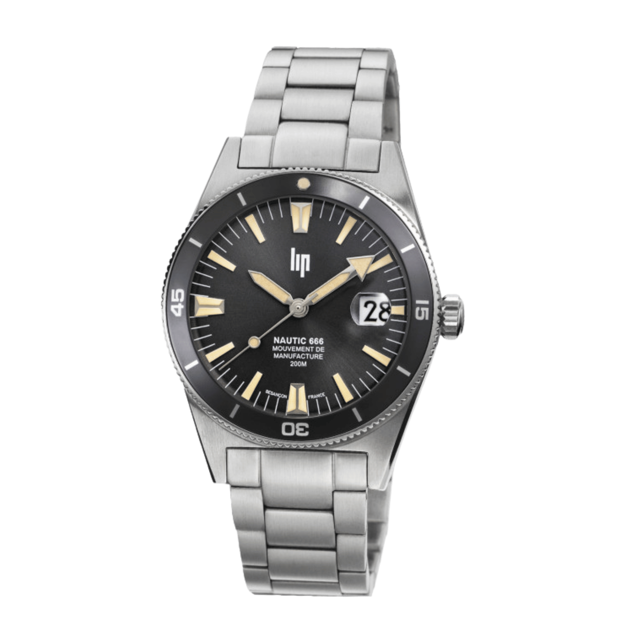LIP Nautic 666 Automatic Manufacture R26 black dial steel bracelet 39 mm