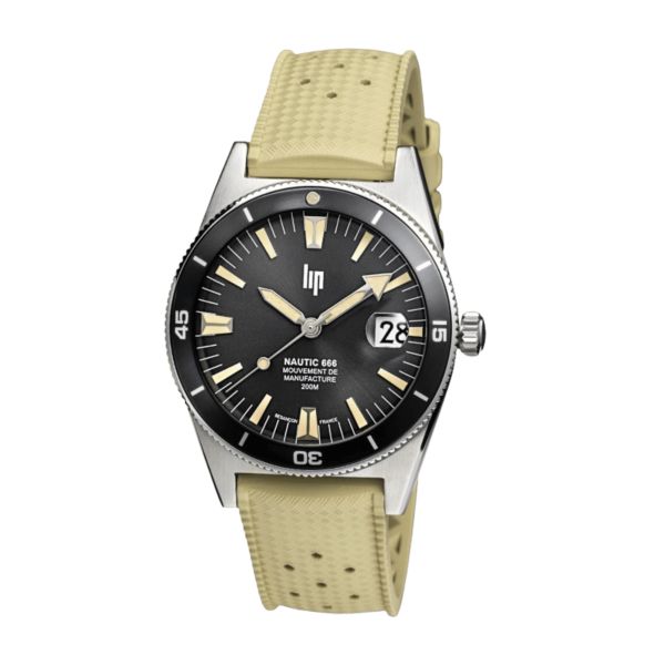 LIP Nautic 666 Automatic Manufacture R26 black dial beige tropic strap 39 mm