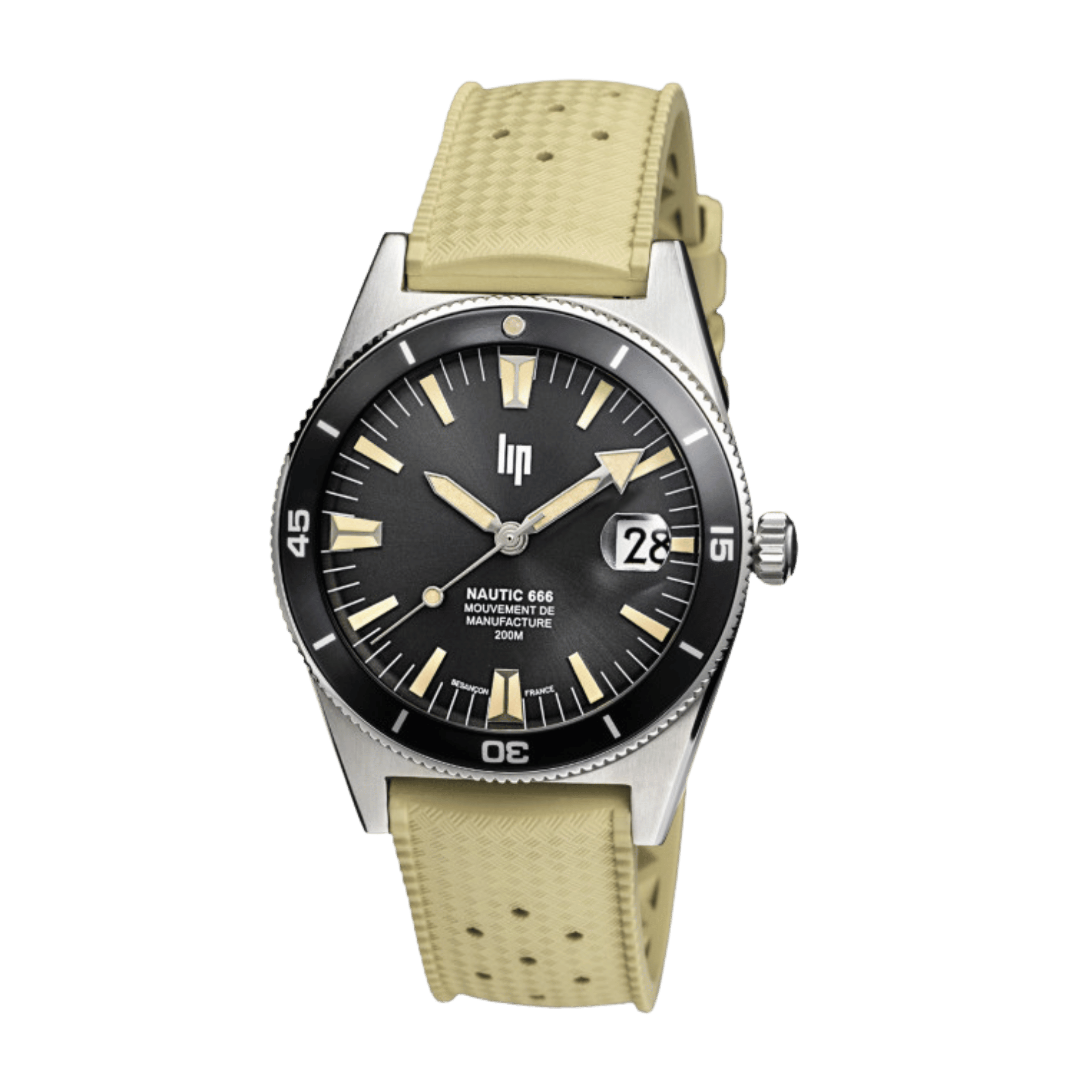 LIP Nautic 666 Automatic Manufacture R26 black dial beige tropic strap 39 mm