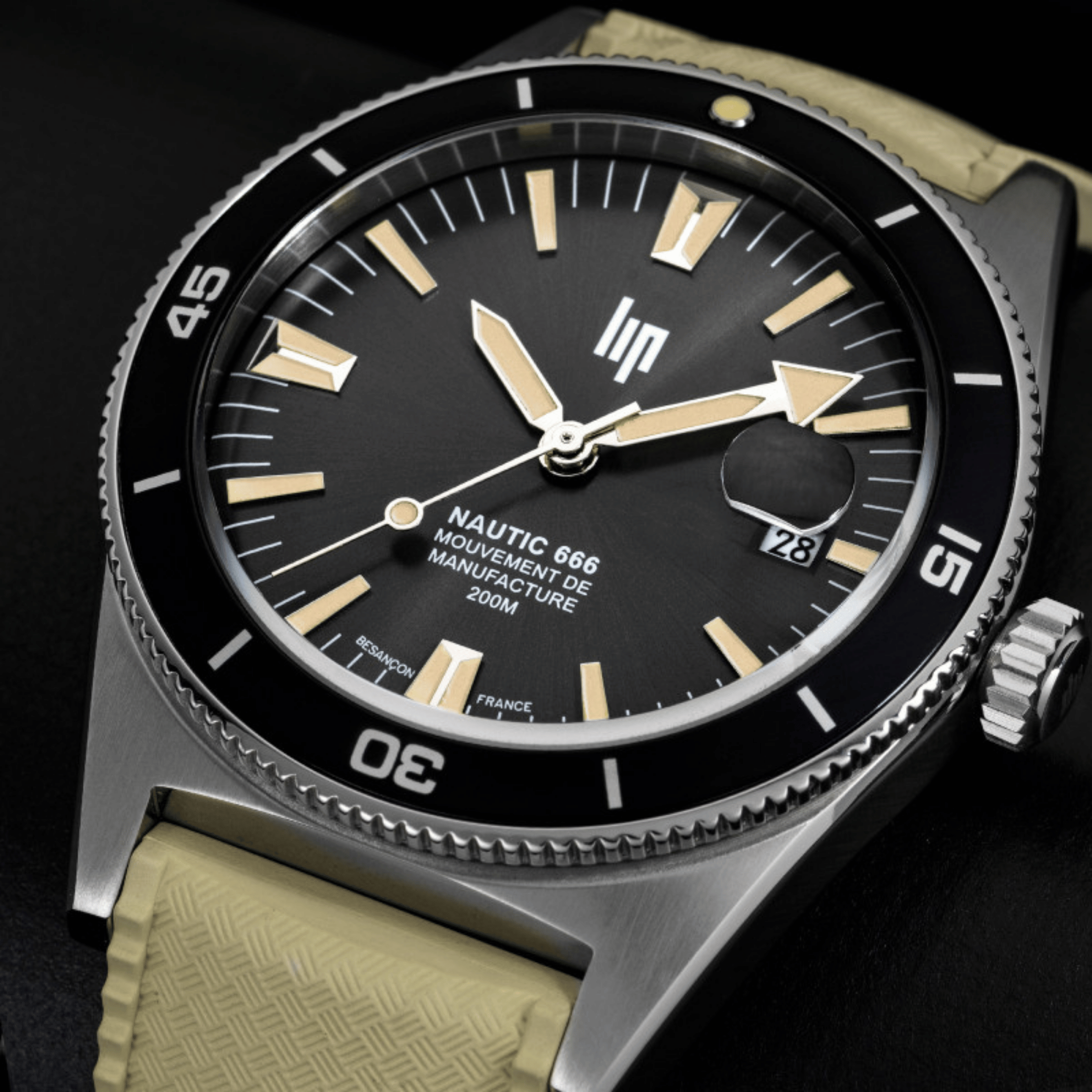 LIP Nautic 666 Automatic Manufacture R26 black dial beige tropic strap 39 mm