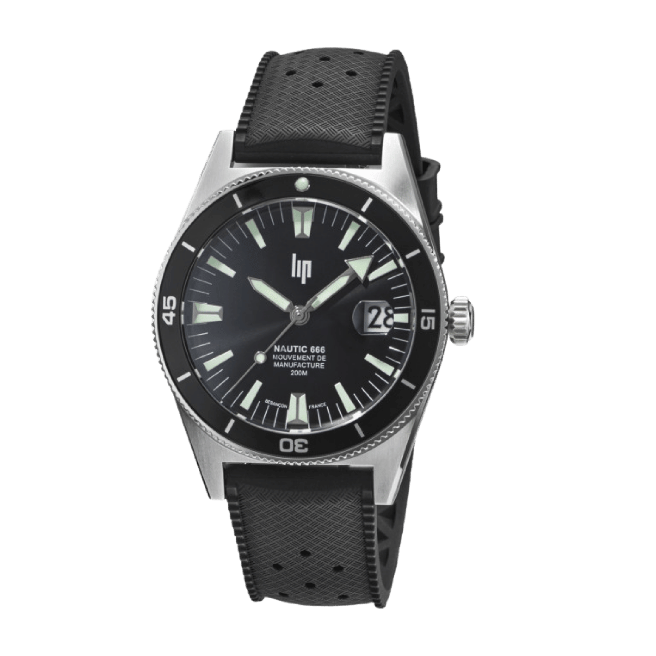 Montre LIP Nautic 666 Automatique Manufacture R26 cadran noir bracelet tropic noir 39 mm
