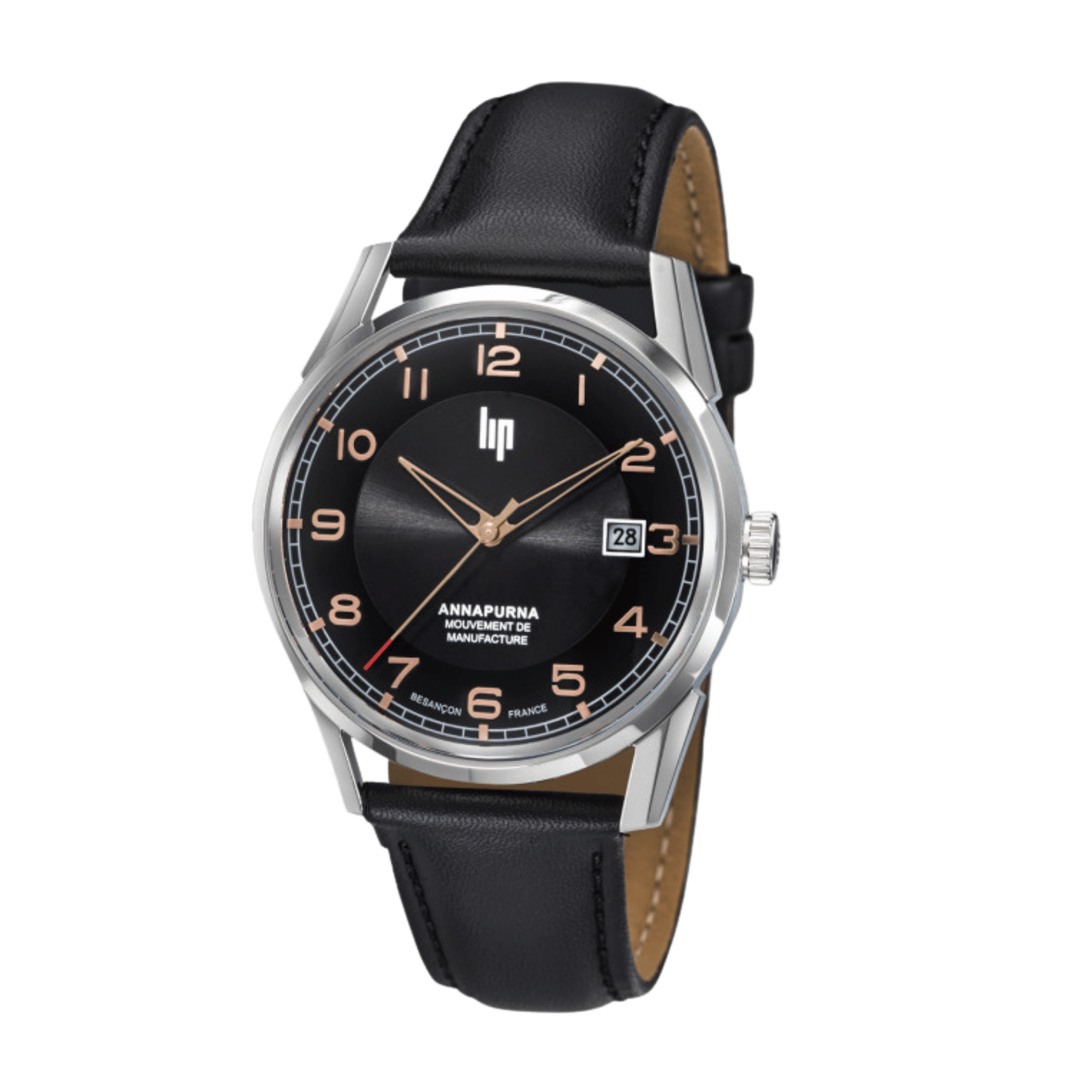 Montre LIP Annapurna Automatique Manufacture R26 cadran noir bracelet cuir 39 mm