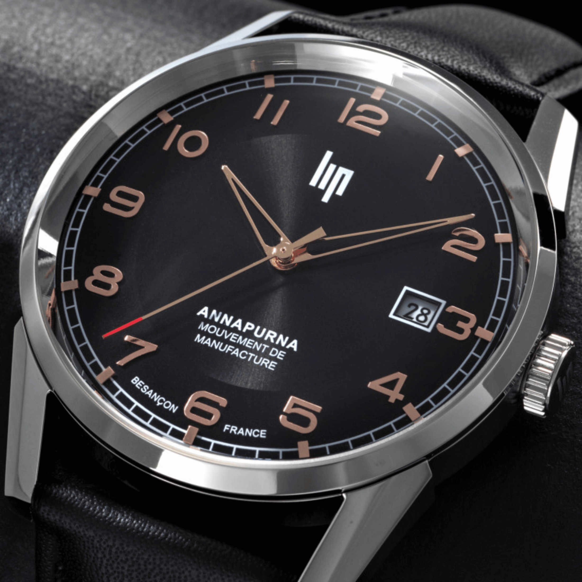 Montre LIP Annapurna Automatique Manufacture R26 cadran noir bracelet cuir 39 mm