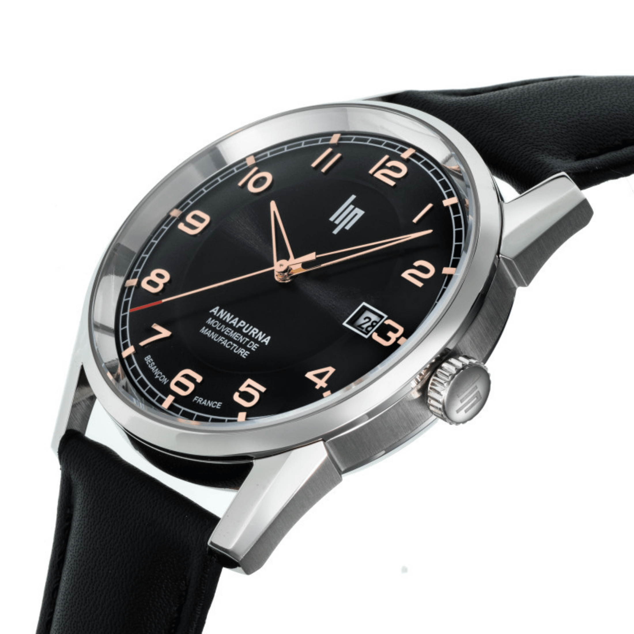 Montre LIP Annapurna Automatique Manufacture R26 cadran noir bracelet cuir 39 mm