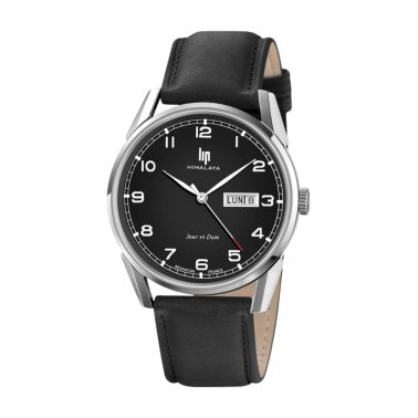 Montre Lip Himalaya Jour Date quartz cadran noir bracelet cuir 40 mm