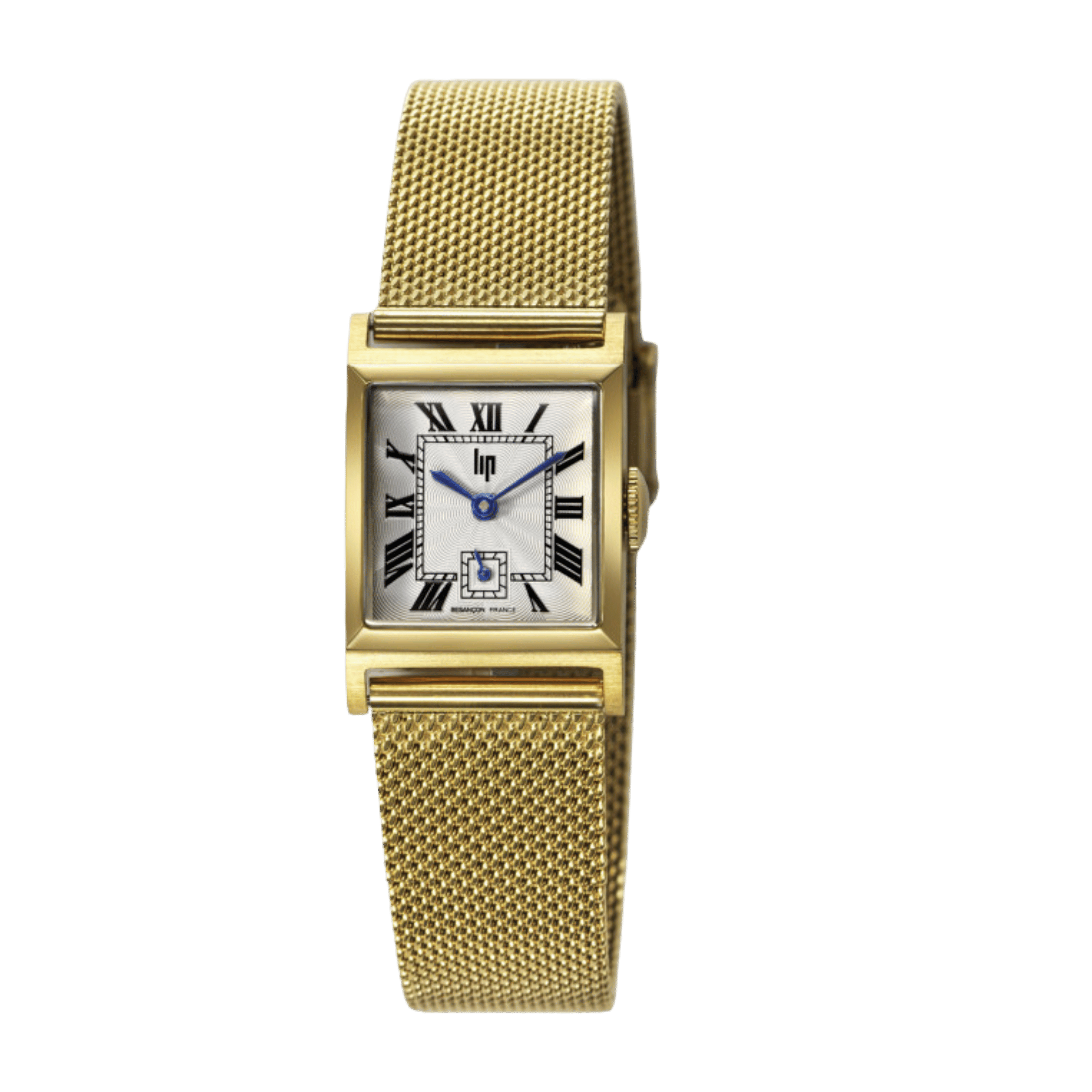 Montre Lip Churchill C18 Dorée quartz cadran argenté bracelet maille milanaise 21 x 21 mm