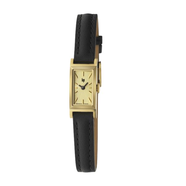 Montre Lip Churchill T13 Baguette Dorée quartz cadran doré bracelet cuir noir 13 x 29 mm