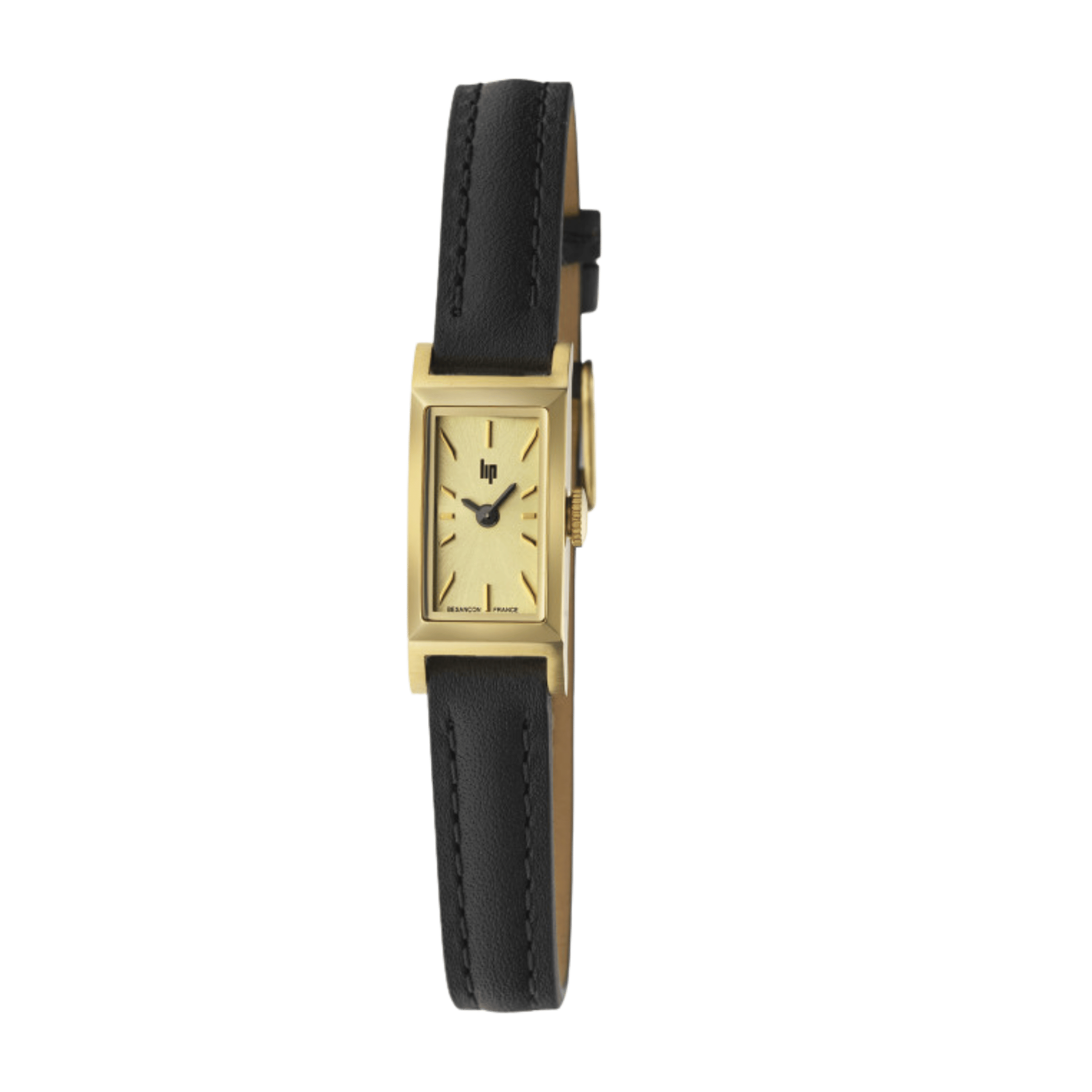 Montre Lip Churchill T13 Baguette Dorée quartz cadran doré bracelet cuir noir 13 x 29 mm