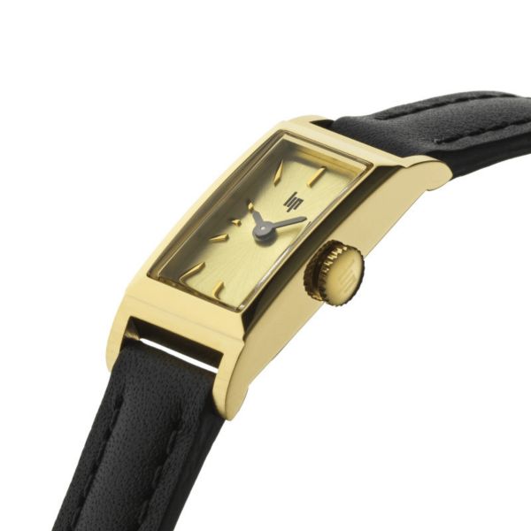 Montre Lip Churchill T13 Baguette Dorée quartz cadran doré bracelet cuir noir 13 x 29 mm