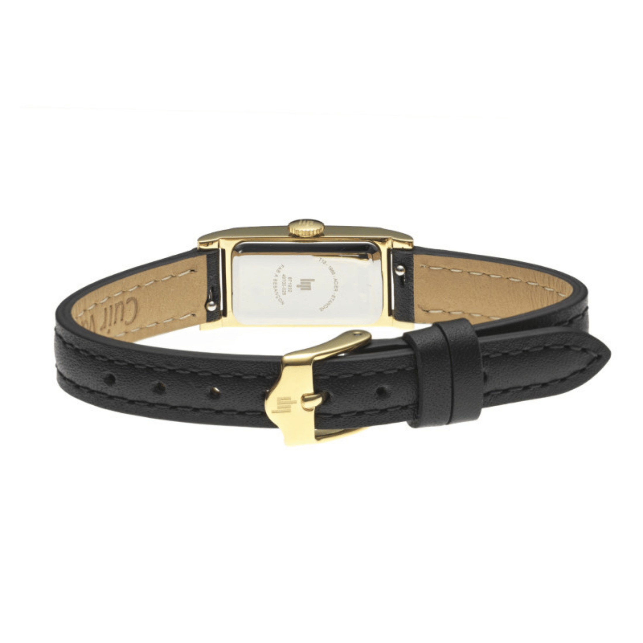 Montre Lip Churchill T13 Baguette Dorée quartz cadran doré bracelet cuir noir 13 x 29 mm