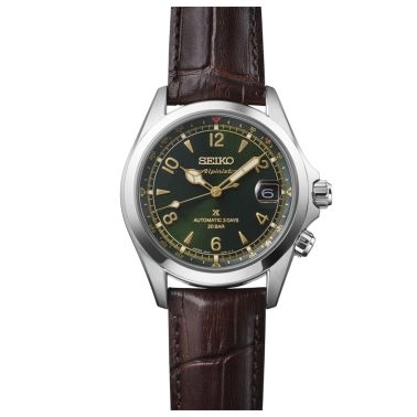 Seiko Prospex Alpinist automatic watch with green dial and brown leather strap, 39.45 mm
