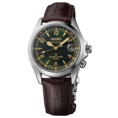 Seiko Prospex Alpinist automatic watch with green dial and brown leather strap, 39.45 mm