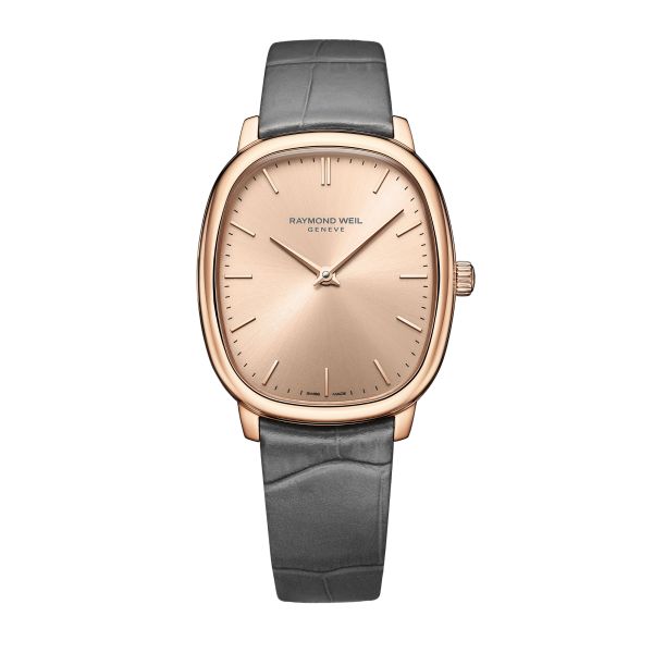 Montre Raymond Weil Toccata Héritage Mécanique PVD or rose cadran cuivre bracelet cuir 33 mm x 38 mm