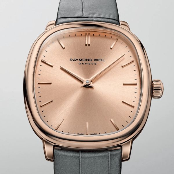 Montre Raymond Weil Toccata Héritage Mécanique PVD or rose cadran cuivre bracelet cuir 33 mm x 38 mm