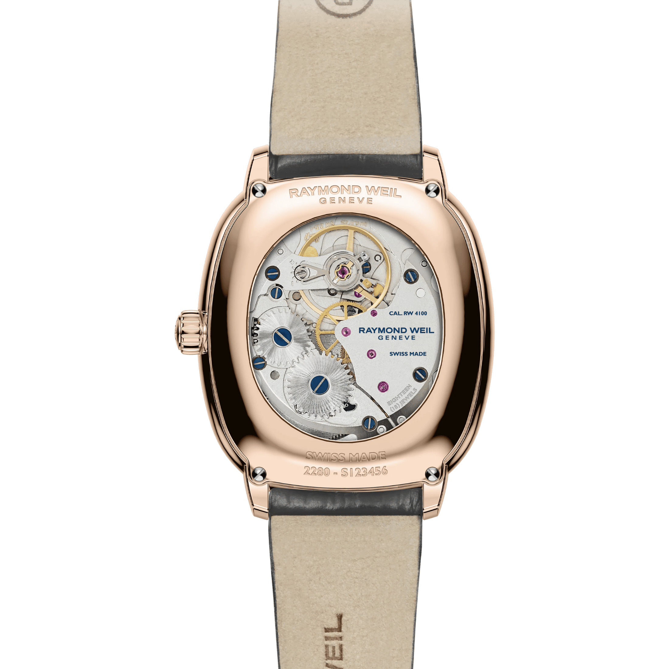 Montre Raymond Weil Toccata Héritage Mécanique PVD or rose cadran cuivre bracelet cuir 33 mm x 38 mm